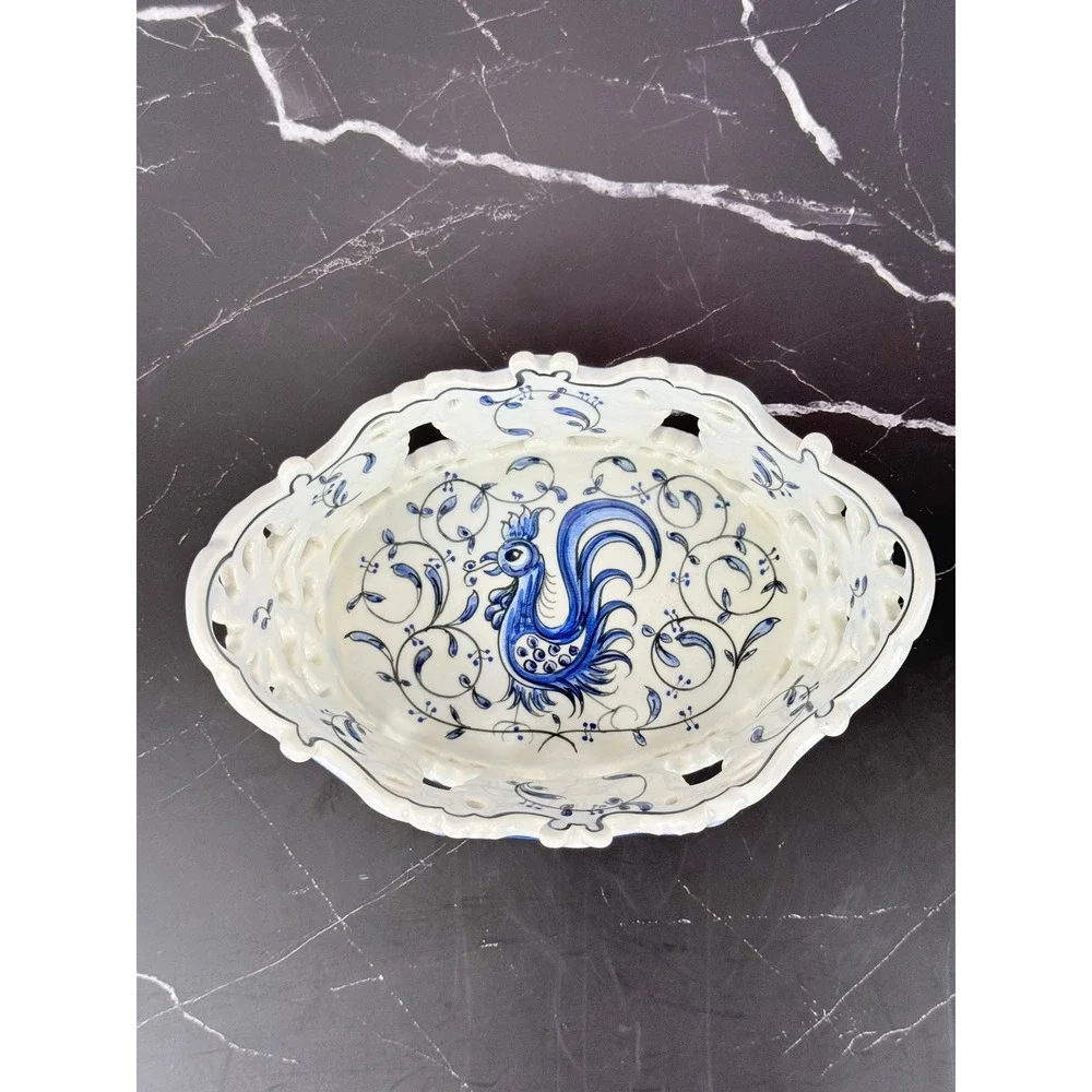 VTG Outeiro Agueda Hand Painted Reticulated Porcelain Blue White Basket 8